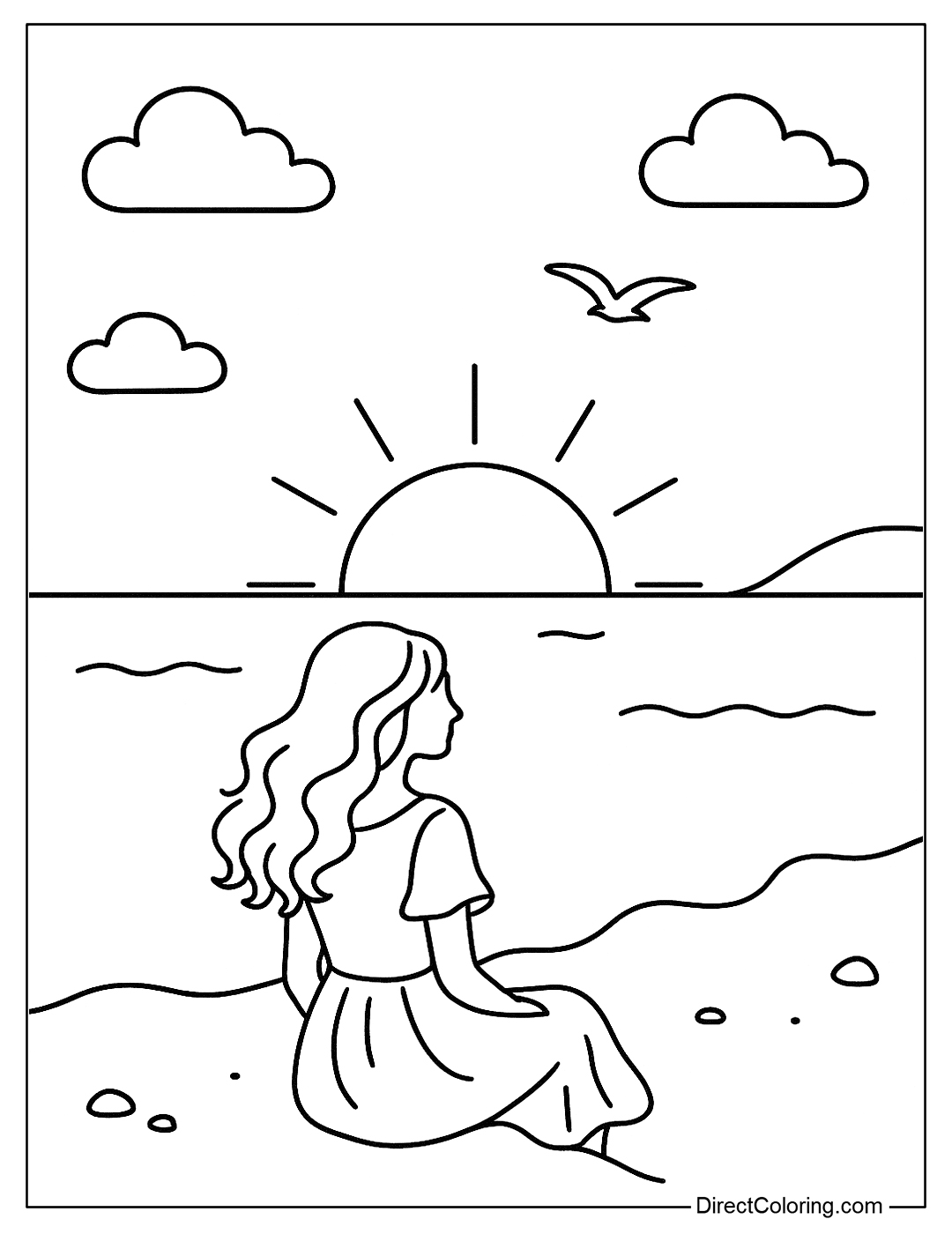 a beach coloring page with a sunset scene on the sea, gentle waves, and someone sitting and watching